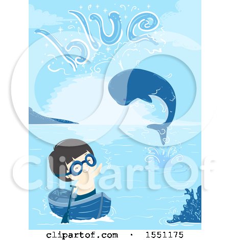 Clipart of a Boy in a Boat, Waving at a Whale Spouting the Word Blue - Royalty Free Vector Illustration by BNP Design Studio