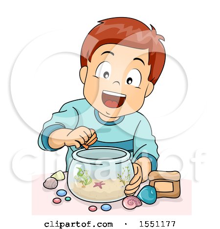 Clipart of a Boy Decorating a Fish Bowl - Royalty Free Vector Illustration by BNP Design Studio
