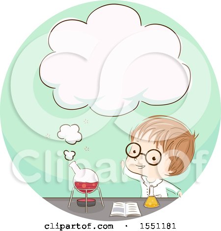 Clipart of a Boy Scientist Conducting an Experiement, with a Thought Cloud Emerging from a Container - Royalty Free Vector Illustration by BNP Design Studio