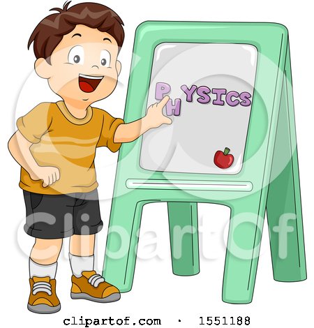 Clipart of a School Boy Spelling Physics on a Board - Royalty Free Vector Illustration by BNP Design Studio