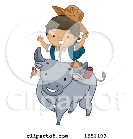 Clipart of a Boy Student Riding a Carabao - Royalty Free Vector Illustration by BNP Design Studio