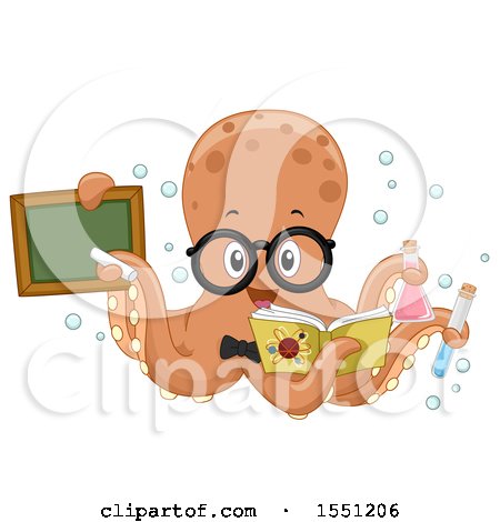 Clipart of a Chemistry Teacher Octopus Holding a Chalkboard, Chemicals and Book - Royalty Free Vector Illustration by BNP Design Studio