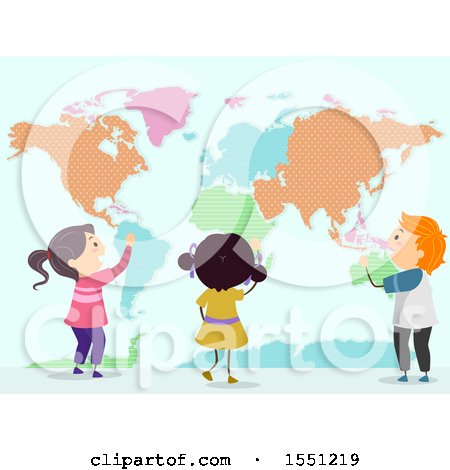 Clipart of a Group of Children Studying a Patterned World Map - Royalty Free Vector Illustration by BNP Design Studio