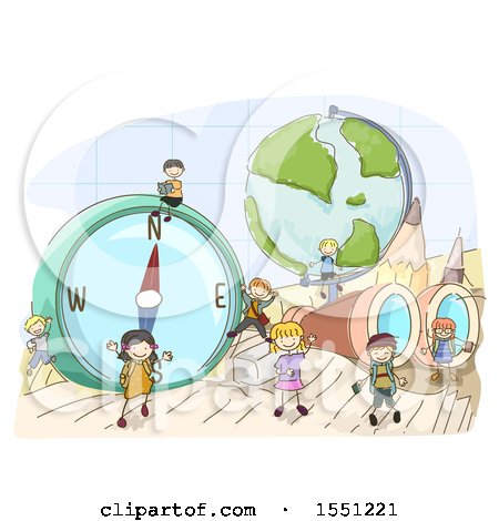 Clipart of a Group of Children with Giant Geography Elements - Royalty Free Vector Illustration by BNP Design Studio