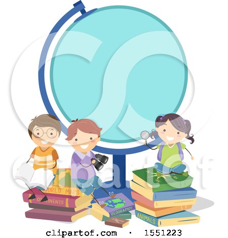 Clipart of a Group of Children with Books Around a Blank Globe Frame - Royalty Free Vector Illustration by BNP Design Studio