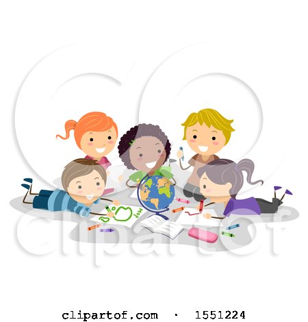 Clipart of a Group of Children Studying and Coloring a Globe on the Floor - Royalty Free Vector Illustration by BNP Design Studio