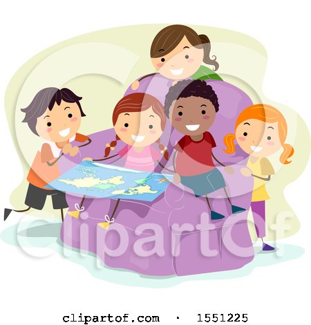 Clipart of a Group of Children Sitting in a Chair and Studying a Map - Royalty Free Vector Illustration by BNP Design Studio