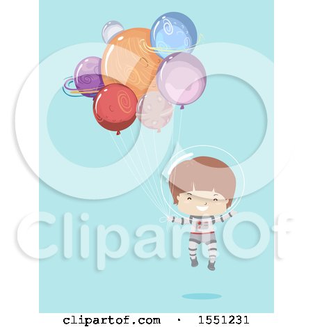 Clipart of a Boy Astronaut Floating with Planet Balloons, on Blue - Royalty Free Vector Illustration by BNP Design Studio