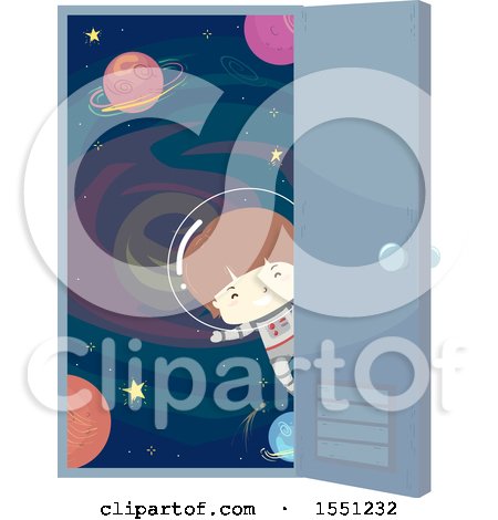 Clipart of a Boy Astronaut at an Open Door Leading to Outer Space - Royalty Free Vector Illustration by BNP Design Studio