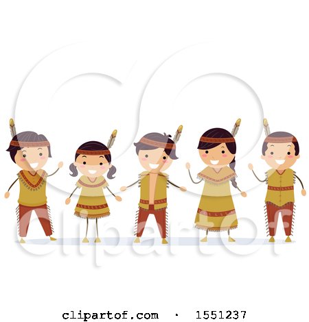Clipart of a Group of Native American Indian Children Waving - Royalty Free Vector Illustration by BNP Design Studio