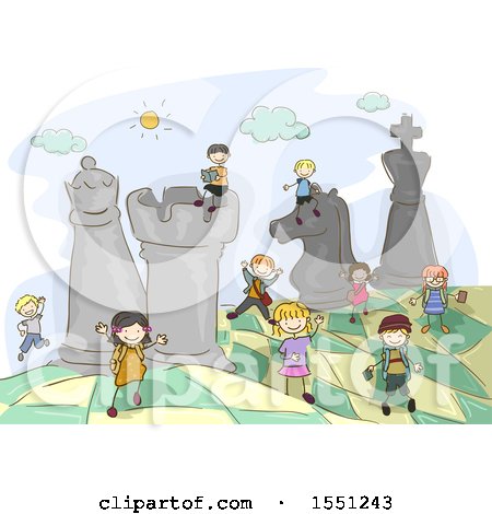 Clipart of a Group of Children on a Giant Chess Board - Royalty Free Vector Illustration by BNP Design Studio
