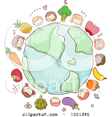 Clipart of a Group of Children and Produce Around a Globe - Royalty Free Vector Illustration by BNP Design Studio