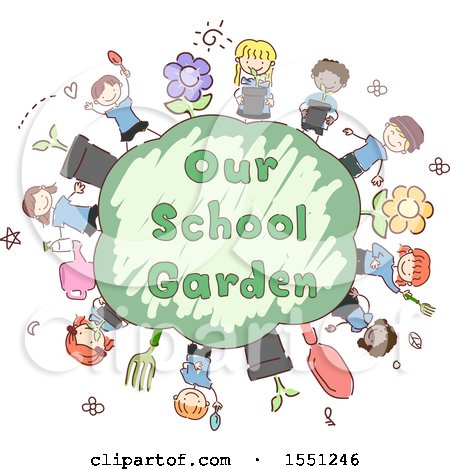 Clipart of a Group of Children Around a Globe with Our School Garden Text - Royalty Free Vector Illustration by BNP Design Studio