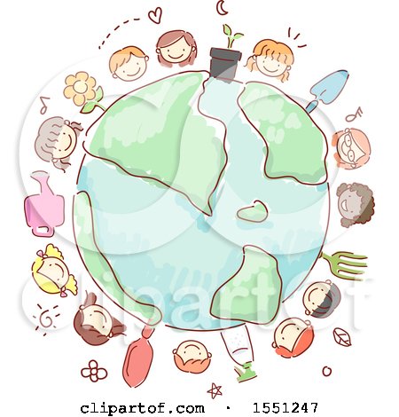 Clipart of a Group of Children with Gardening Tools Around a Globe - Royalty Free Vector Illustration by BNP Design Studio