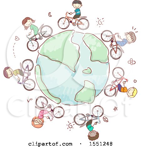 Clipart of a Group of Children Riding Bicycles Around a Globe - Royalty Free Vector Illustration by BNP Design Studio