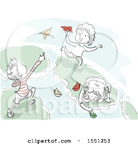 Clipart of Sketched Children Playing with Paper Planes and Boats on Earth - Royalty Free Vector Illustration by BNP Design Studio