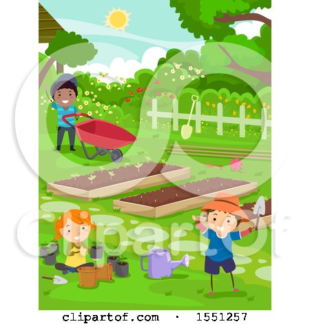 Clipart of a Group of Children in a Garden - Royalty Free Vector Illustration by BNP Design Studio