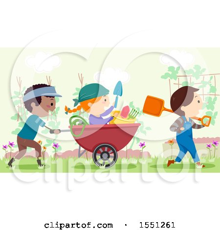 Clipart of a Group of Children with Tools in a Garden - Royalty Free Vector Illustration by BNP Design Studio