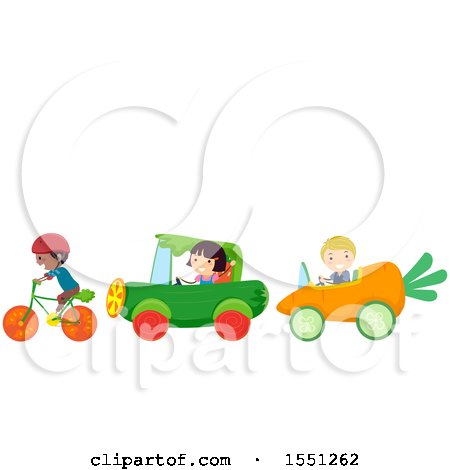 Clipart of a Group of Children with Vegetable Cars and a Bike - Royalty Free Vector Illustration by BNP Design Studio