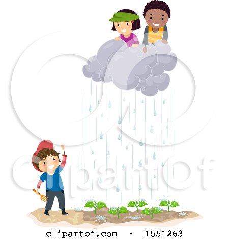 Clipart of a Group of Children Moving a Rain Cloud over a Garden - Royalty Free Vector Illustration by BNP Design Studio