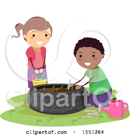 Clipart of a Boy and Girl Gardening in an Upcycled Tire - Royalty Free Vector Illustration by BNP Design Studio