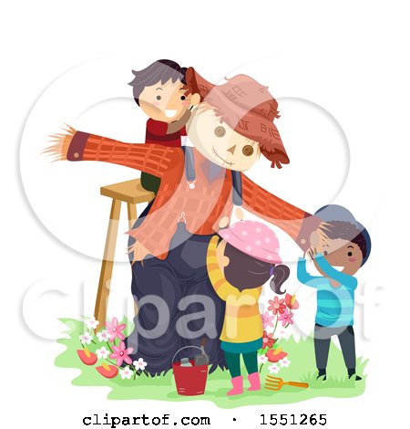 Clipart of a Group of Children Putting up a Scarecrow - Royalty Free Vector Illustration by BNP Design Studio