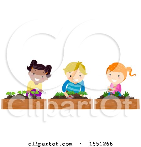 Clipart of a Group of Children Placing Plant Markers a Garden - Royalty Free Vector Illustration by BNP Design Studio