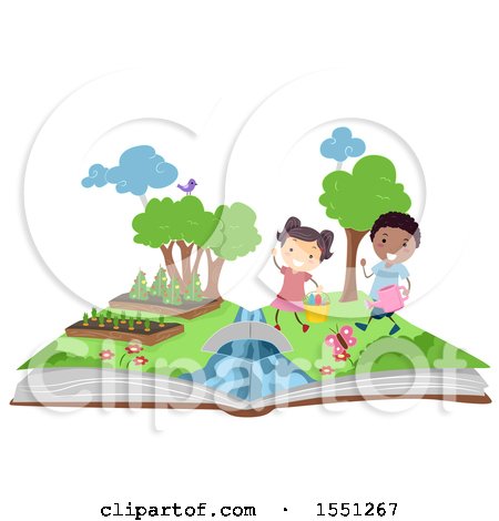 Clipart of a Boy and Girl Gardening on an Open Book - Royalty Free Vector Illustration by BNP Design Studio