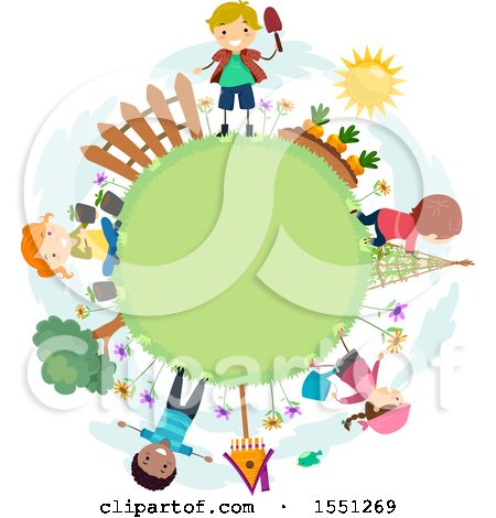 Clipart of a Group of Children on a Garden Globe - Royalty Free Vector Illustration by BNP Design Studio