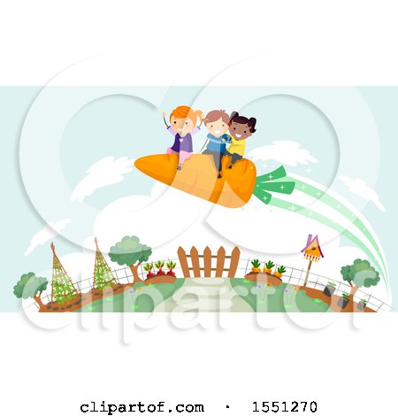 Clipart of a Group of Children Flying on a Carrot over a Garden - Royalty Free Vector Illustration by BNP Design Studio