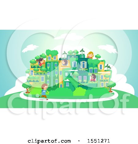 Clipart of a Group of Children in a Green City - Royalty Free Vector Illustration by BNP Design Studio