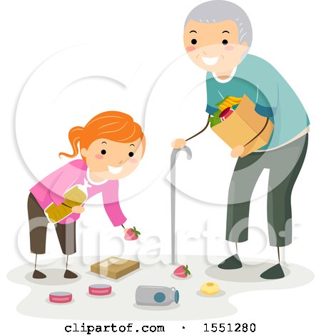 Clipart of a Good Samaritan Girl Helping a Senior Man with His Fallen Groceries - Royalty Free Vector Illustration by BNP Design Studio