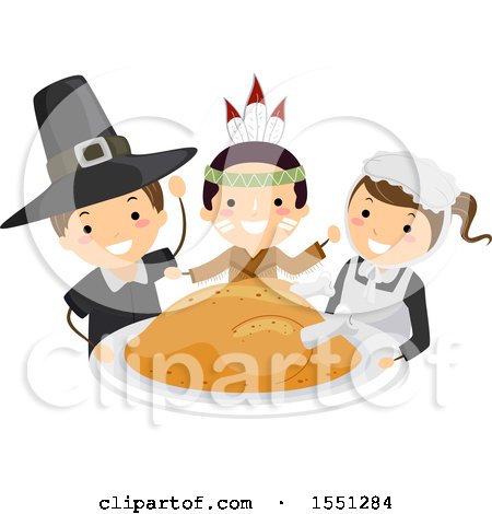 Clipart of a Group of Children in Native American Indian and Pilgrim Costumes, Holding a Roasted Turkey - Royalty Free Vector Illustration by BNP Design Studio