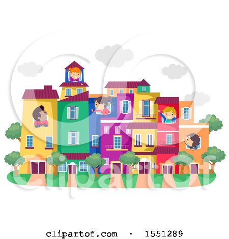 Clipart of a Group of Children in a Town with Colorful Buildings - Royalty Free Vector Illustration by BNP Design Studio