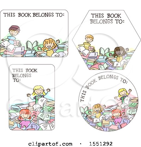 Clipart of Book Label Designs with Children - Royalty Free Vector Illustration by BNP Design Studio