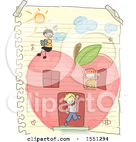 Clipart of a Group of Children Playing in an Apple House Doodled on a Piece of Paper - Royalty Free Vector Illustration by BNP Design Studio