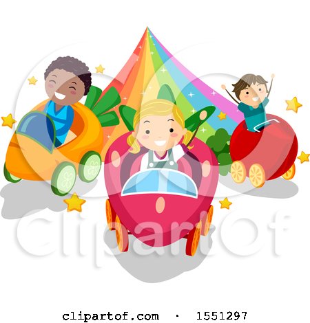 Clipart of a Group of Children Driving Vegetable Cars on a Rainbow - Royalty Free Vector Illustration by BNP Design Studio