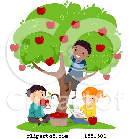 Clipart of a Group of Children Eating Fresh Apples from a Tree - Royalty Free Vector Illustration by BNP Design Studio