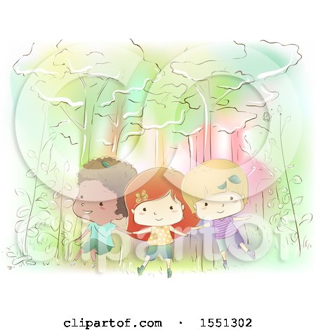 Clipart of a Group of Children Floating in a Whimsical Forest - Royalty Free Vector Illustration by BNP Design Studio