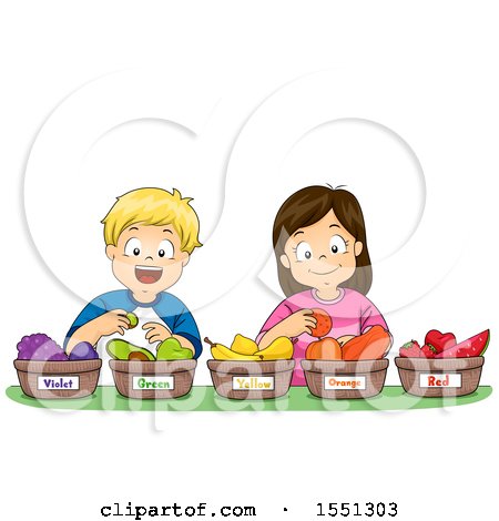 Clipart of a Group of Children Sorting Fruits by Color - Royalty Free Vector Illustration by BNP Design Studio