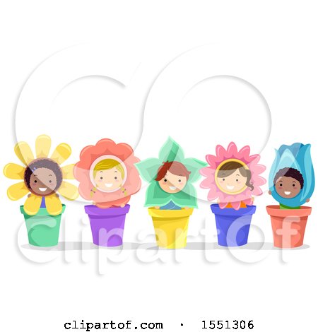 Clipart of a Group of Children in Flower Pot Costumes - Royalty Free Vector Illustration by BNP Design Studio