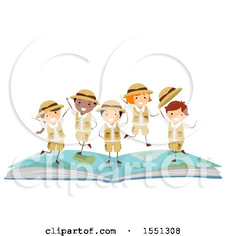 Clipart of a Group of Children Explorers on Top of an Open Book - Royalty Free Vector Illustration by BNP Design Studio