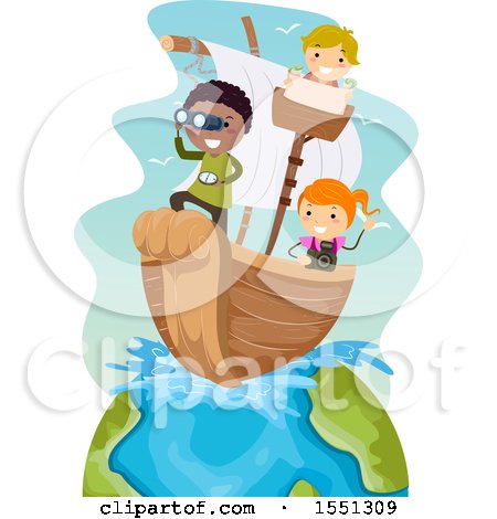Clipart of a Group of Children Sailing a Boat on Earth - Royalty Free Vector Illustration by BNP Design Studio