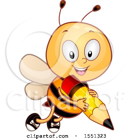Clipart of a Cute Bee Flying with a Pencil - Royalty Free Vector Illustration by BNP Design Studio