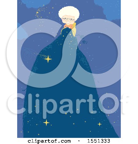 Clipart of a Happy Senior Woman Crocheting a a Night Sky While Telling Stories - Royalty Free Vector Illustration by BNP Design Studio