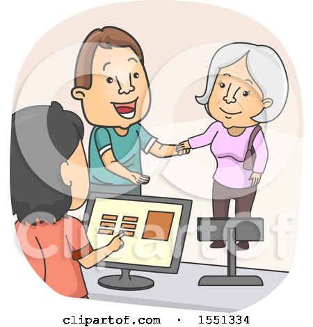 Clipart of a Man Helping a Senior Woman Get to a Cashier - Royalty Free Vector Illustration by BNP Design Studio