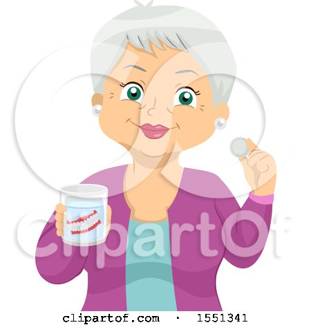 Clipart of a Happy Senior Woman Holding a Cup with Her Dentures and a Cleaning Tablet - Royalty Free Vector Illustration by BNP Design Studio