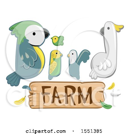 Clipart of a Wood Plank and Animals Forming the Words Bird Farm - Royalty Free Vector Illustration by BNP Design Studio