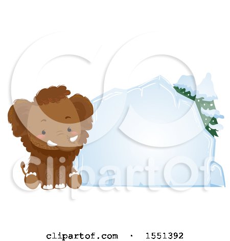 Clipart of a Cute Mammoth Sitting by a Blank Ice Block - Royalty Free Vector Illustration by BNP Design Studio