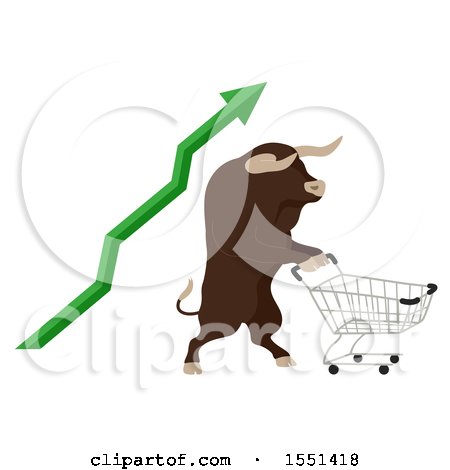 Clipart of a Bull Mascot Pushing a Shopping Cart with a Green Increase Stock Market Arrow - Royalty Free Vector Illustration by BNP Design Studio